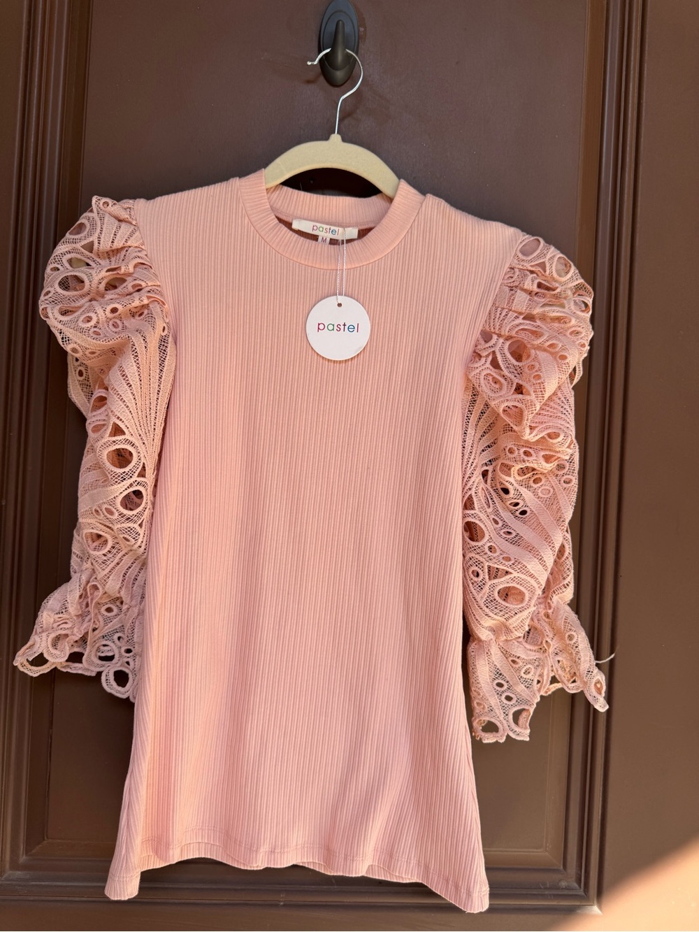 Pastels Women's Pink Lace Ruffle Sleeve Top size M nwt